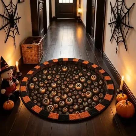 3D Illusion Rug Halloween Eyeball Tunnel Hole Effect Orange Black Checkered Print for Living Room Decor