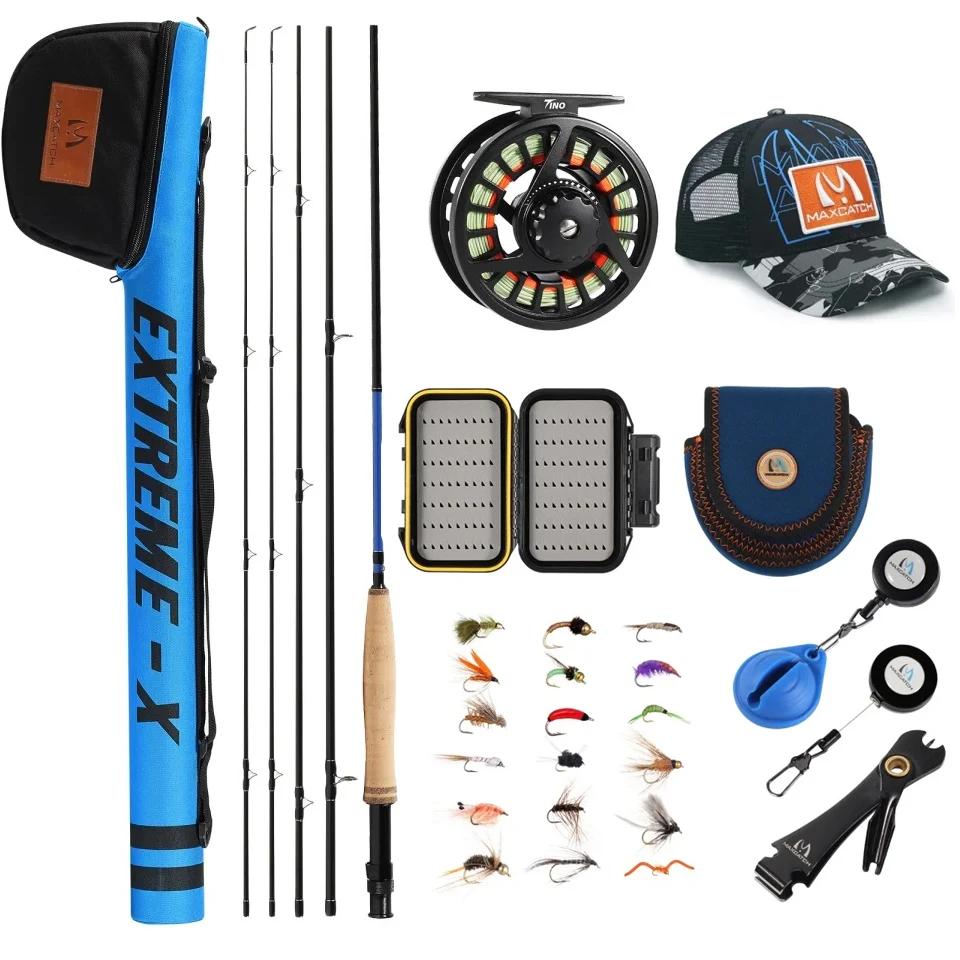 Удочка для нахлыстовой рыбалки MAXCATCH Extreme-X 3-8WT, 8-9 футов, быстрого строя, с предварительно намотанной катушкой, леской и комплектом для нахлыстовой ловли в треугольной трубке