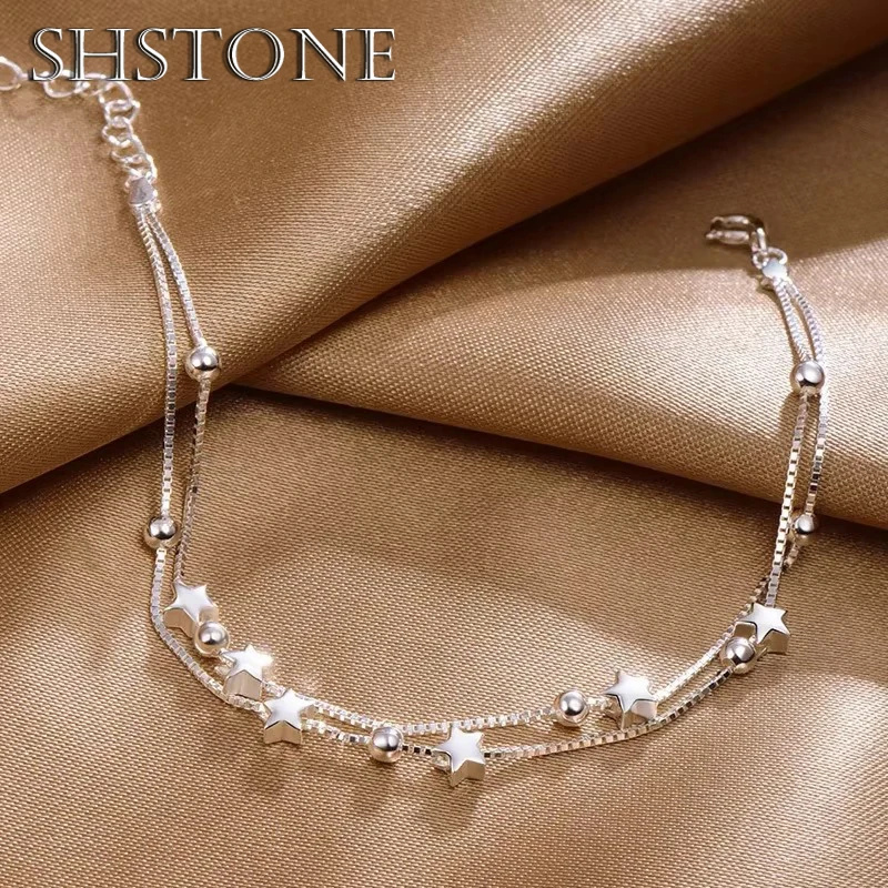 

SHSTONE 925 Sterling Silver Bead Chain Bracelets For Women Korean Sweet Double Layer Beautiful Stars Bracelets Fashion Jewelry