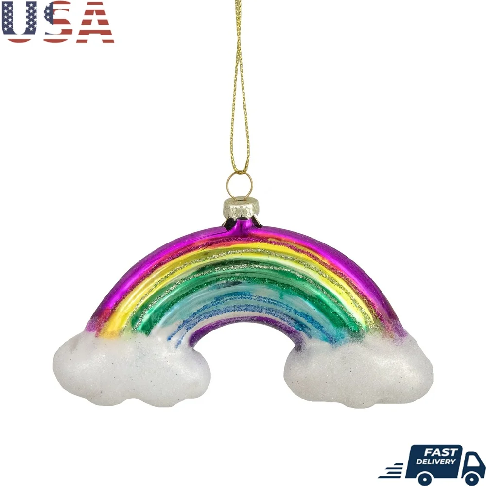 Glass Rainbow Christmas Ornament Decorative Accent with Silver Cloud Ready to Hang Colorful Holiday Tree Home Decor Indoor Use