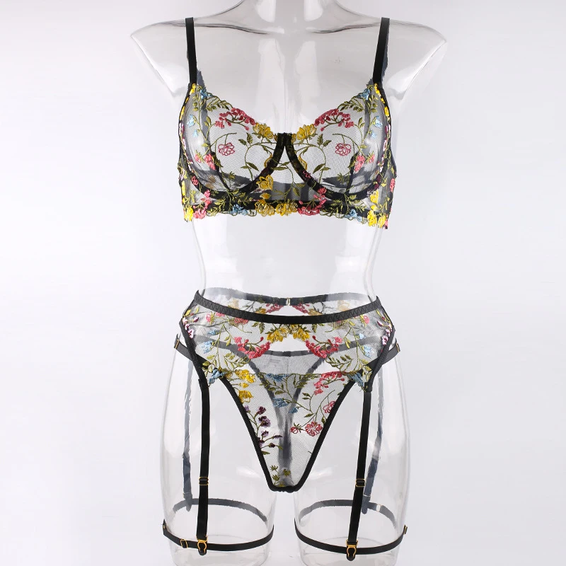 

Bikini see-through floral lingerie four-piece set with leg rings swimsuit