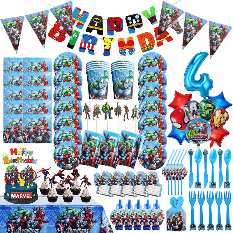 Decoraciones de cumpleaños de Los Vengadores, Spiderman, Hulk, Iron Man, vajilla, platos, tazas, globos, superhéroes de MARVEL, suministros para