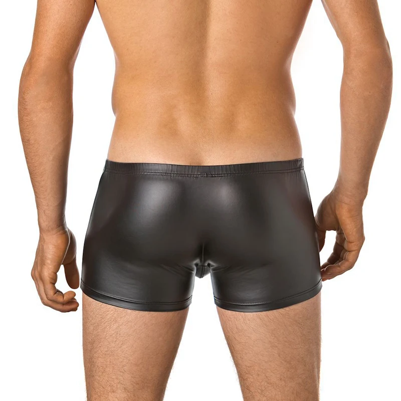 Sexy Open Bulge Pouch patent leather men's boxers, imitation leather, fun U-button easy-to-remove boxers panties men