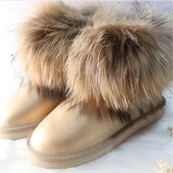 High Quality 2025 Non-Slip Big Fox Fur Woman Winter Snow Boot Women's Shoes Geniune Leather Cowhide Mid-Calf Women's Snow Boots