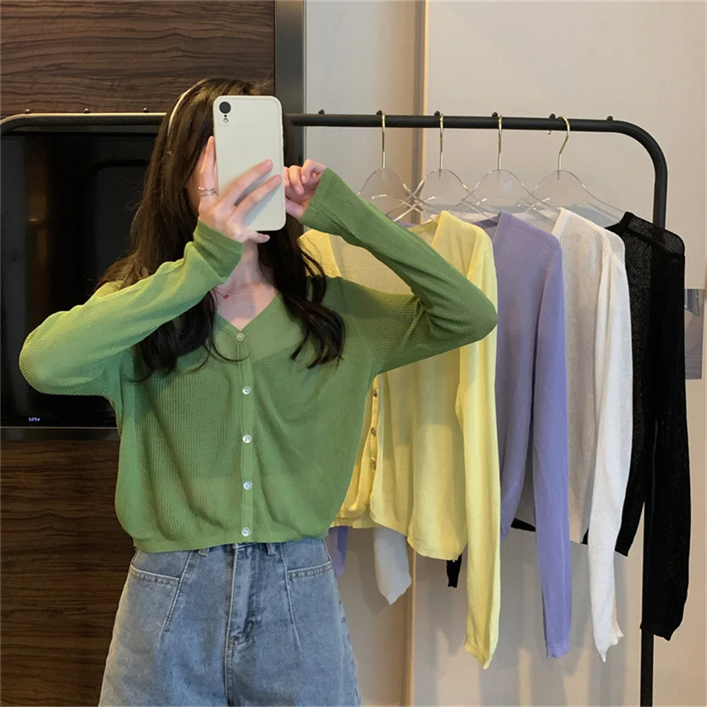 

2025 Women Cardigans Long Sleeve Knitted Outerwear Solid Thin Spring Short Sweaters V-neck Knitwears Korean Fashion Cardigans