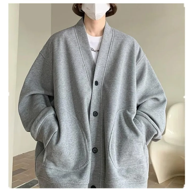 하이 엔드 남성 니트 스웨터 일본 게으른 스타일 봄 가을 재킷 두 개의 큰 주머니와 미국 복고풍 느슨한 캐주얼 코트