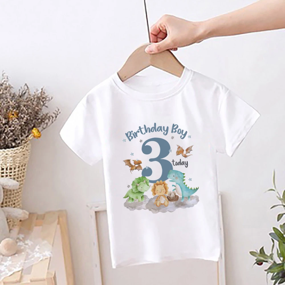 Dinossauro Impresso T-shirt de Aniversário para Crianças, Tops para Meninos, Dino Theme Party Outfits, Camisa de Manga Curta, 1 a 12 Número, Roupas Infantis