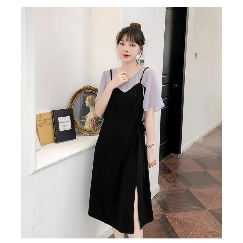 New Korean Edition Spliced French Round Neck Fake Two Piece Dress Casual Loose Covering Meat Show Slim Fashion Women's Dress