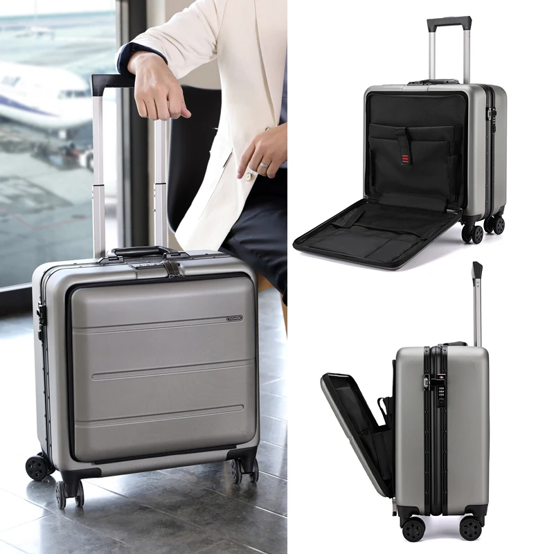 18 Inch Carry on Luggage Aluminum frame Business Rolling Luggage Case zipper Front Opening Lightweight Trolley Luggage Bag