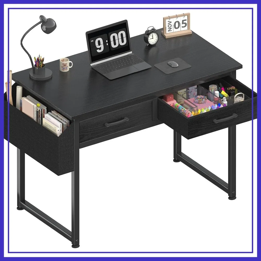 

32 Inch Small Desk with Fabric Drawers for Bedroom, Gaming Desk with 2 Drawers, Writing Table for Small Spaces, Black