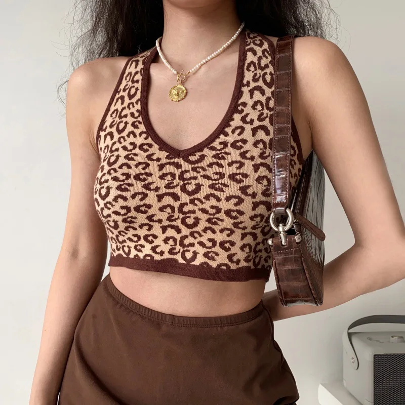 New Pure Sexy Spicy Girl Open Back Leopard Pattern Hanging Neck Knitted Tank Top Female Tight Short Top Female