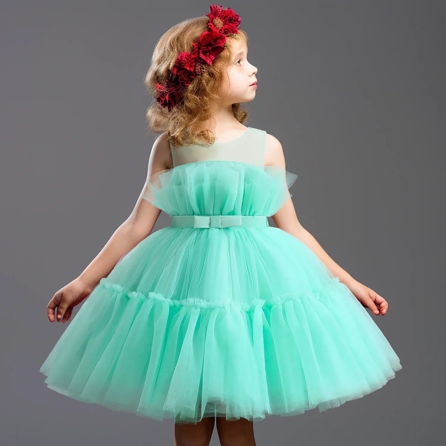 Baby Girls Wedding Princess Dress Baby Kids Elegant Party Tutu Fluffy Prom Gown Children Bridesmaid Evening Tulle Birthday Dress