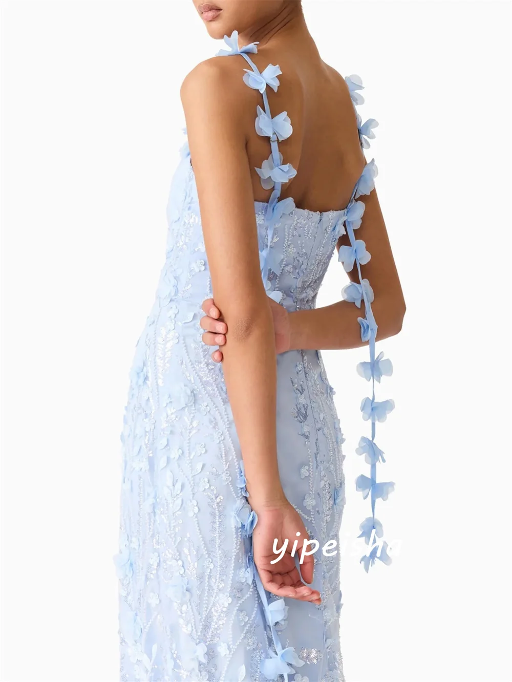 

Customized Intricate Sparkle Beading Sequined Sky Blue Jersey Tassel Mermaid Square Neck Ankle Length Evening Dresses