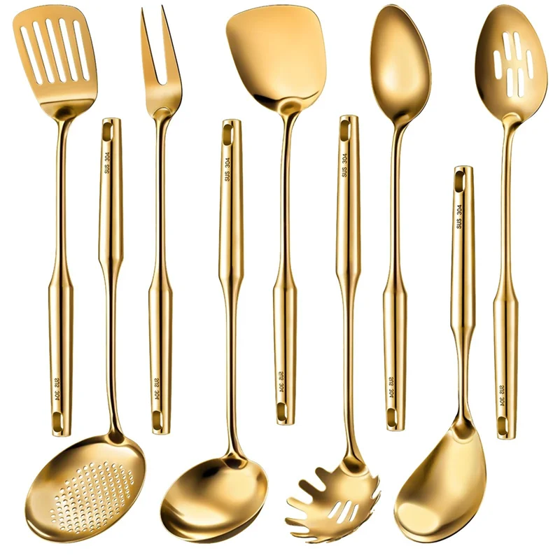 

HLZS-9 Pcs 304 Stainless Steel Kitchen Utensils Set Solid Spoon, Slotted Spatula Spaghetti(Gold,Stainless Steel)