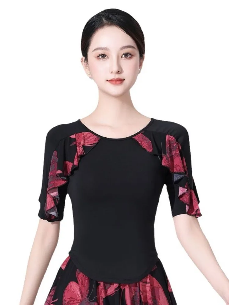 Women Printed Latin Dance Top Floral Cascade Ruffles MId Sleeves Slim Fit Salsa Bachata Performance Wear Stretch Breathable