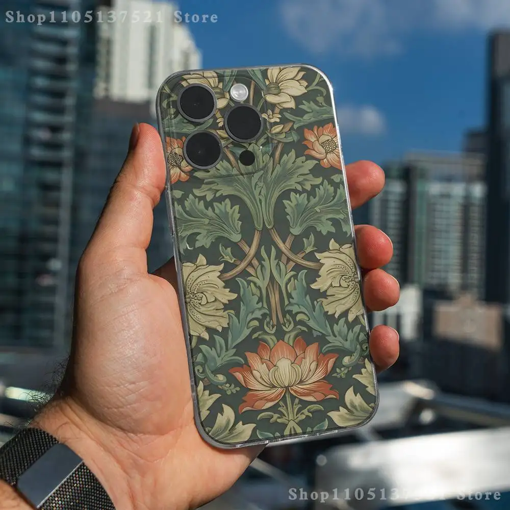 Coque de téléphone William Morris Strawberry Thief pour iPhone17,16,15,14,13,12,11 Pro,Max,Plus,X,XS,XR,SE4,E Mini couverture souple transparente