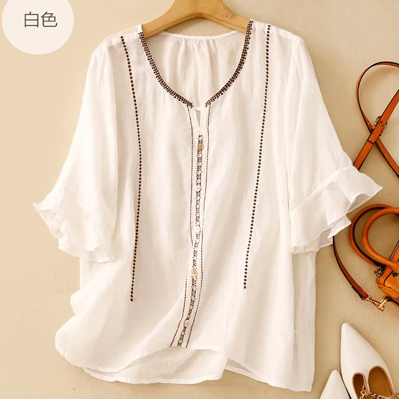 Women Summer Casual Shirt New Arrival 2024 Vintage Style O-neck Flare Sleeve Loose Female Cotton Blouses Shirts B3835