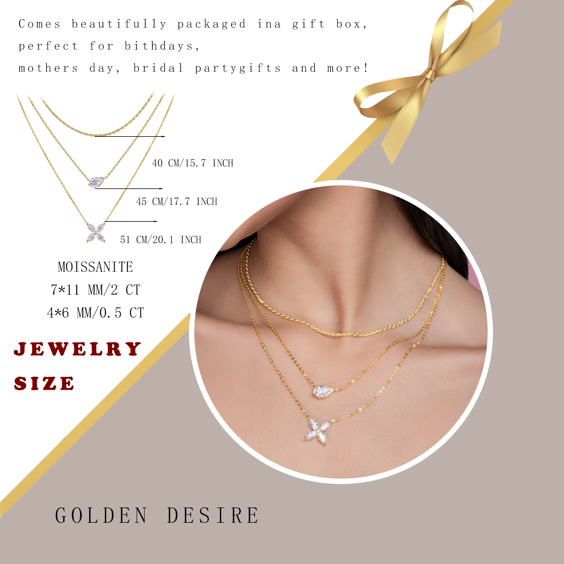 4ctw Triple Blessings Necklace Set - Firm, Powerful, and Lucky Symbols in Moissanite, 18K Gold Plated S925 Silver Layered Design