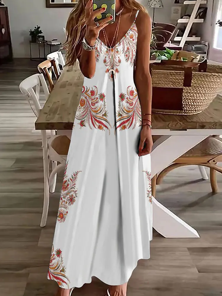 

Daily Elegant Sleeveless Dress Spring Summer V Neck Delicate Texture Printed Halter Dress Vintage Spaghetti Strap Vest Gowns