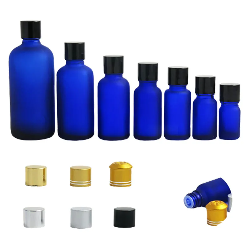 

Frost Blue Glass Essential Oil Bottle With Aluminum Lids Reducers Cosmetic Containers 100ml 50ml 30ml 20ml 15ml 10ml 5ml 200pcs