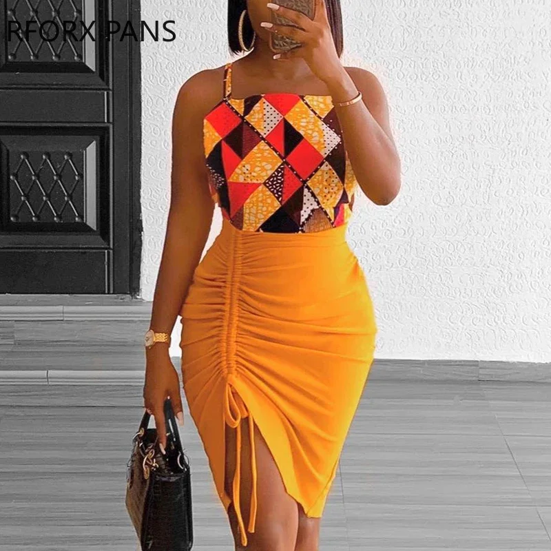 Women Chic All Over Print Crop Top Sleeveless Solid Shirring Bottom Sexy Bodycon Skirt Sets