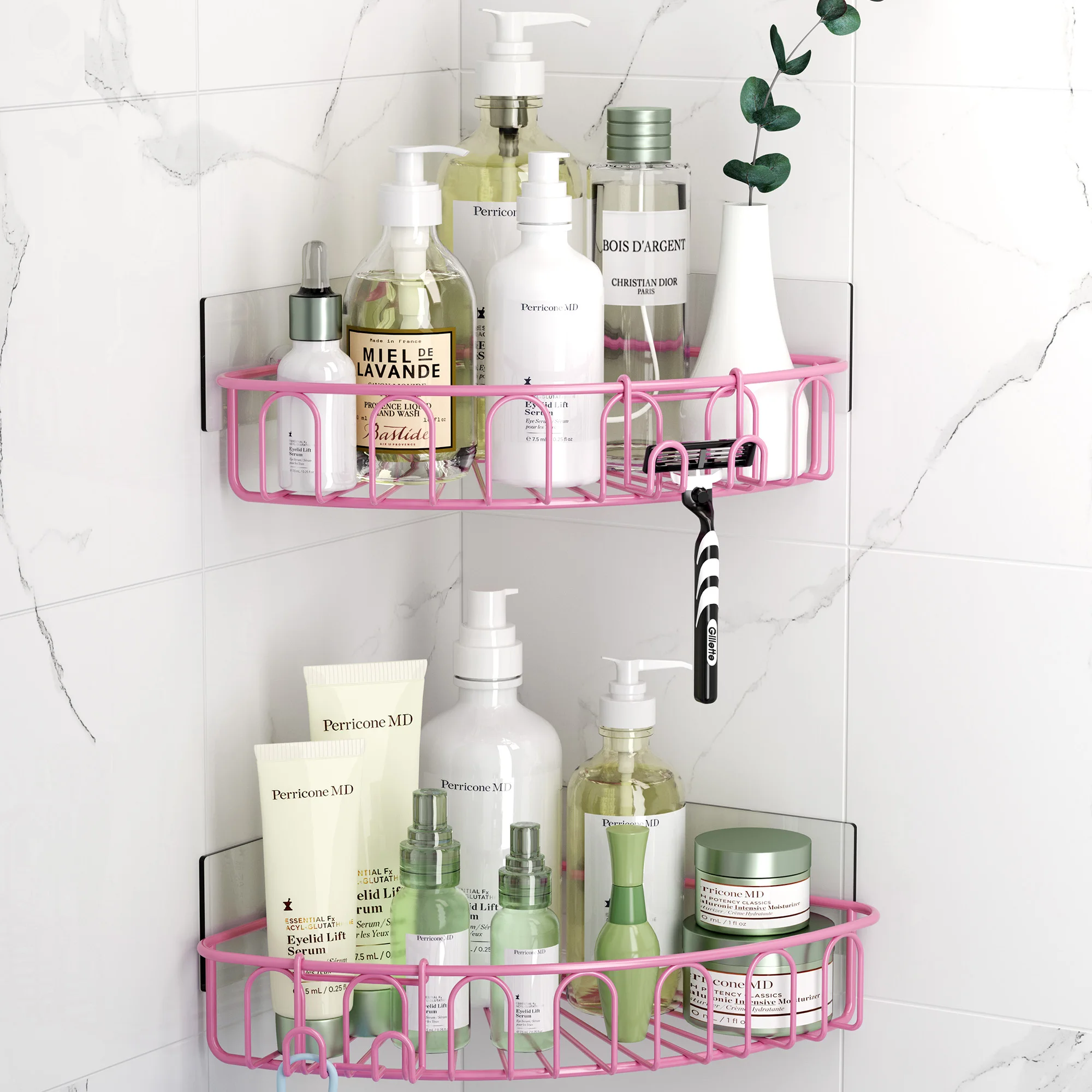 2PCS Metal Pink Bathroom Shower Corner Shelves Adhesive Wall Mount Basket Rack with 2 Hooks Shampoo Organizer Bath Accessories