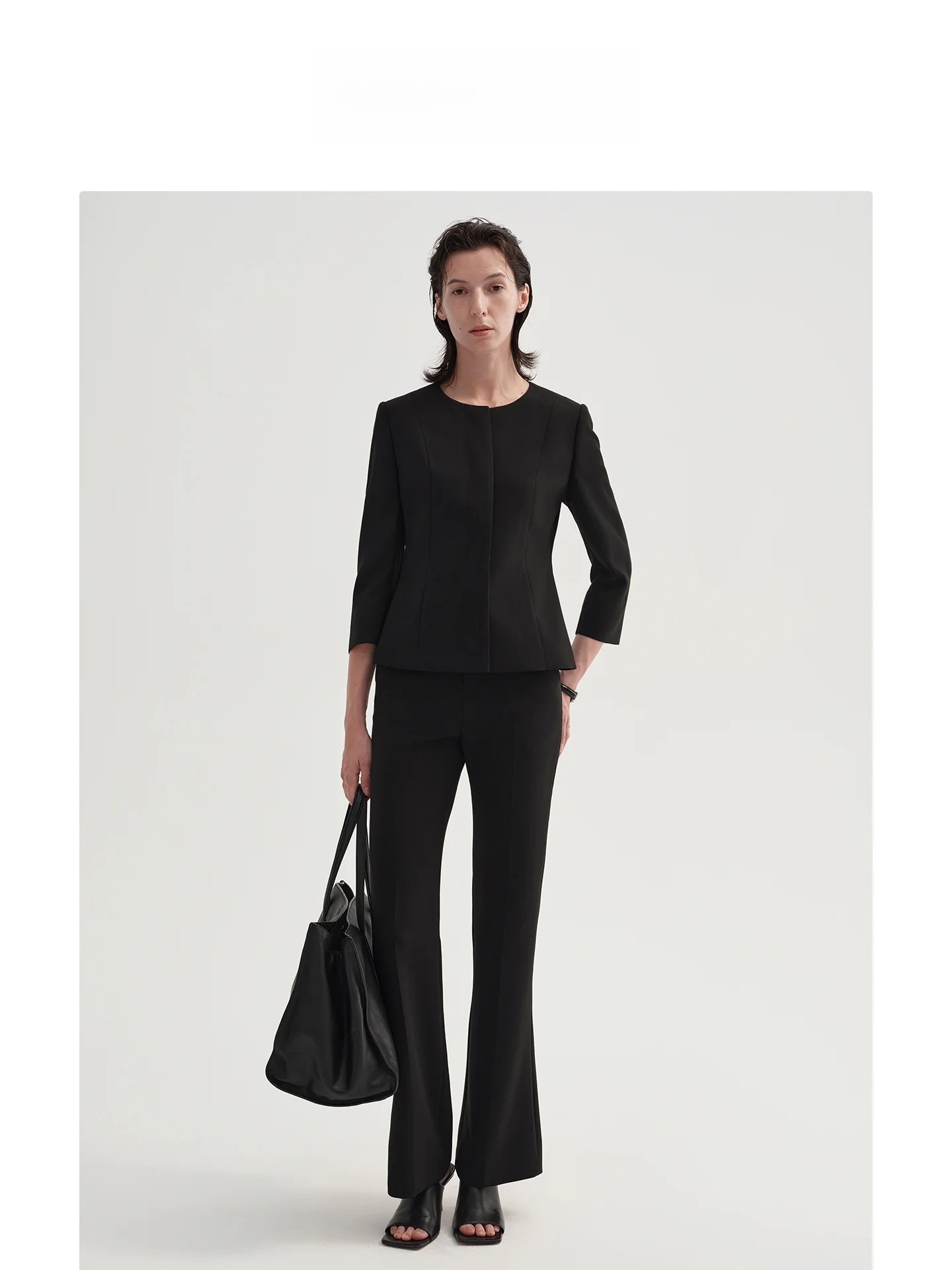 

Elegant Black Short Suit Set for Women Casual Professional Seven Sleeve Commute Style Polyester Fabric Straight Cut