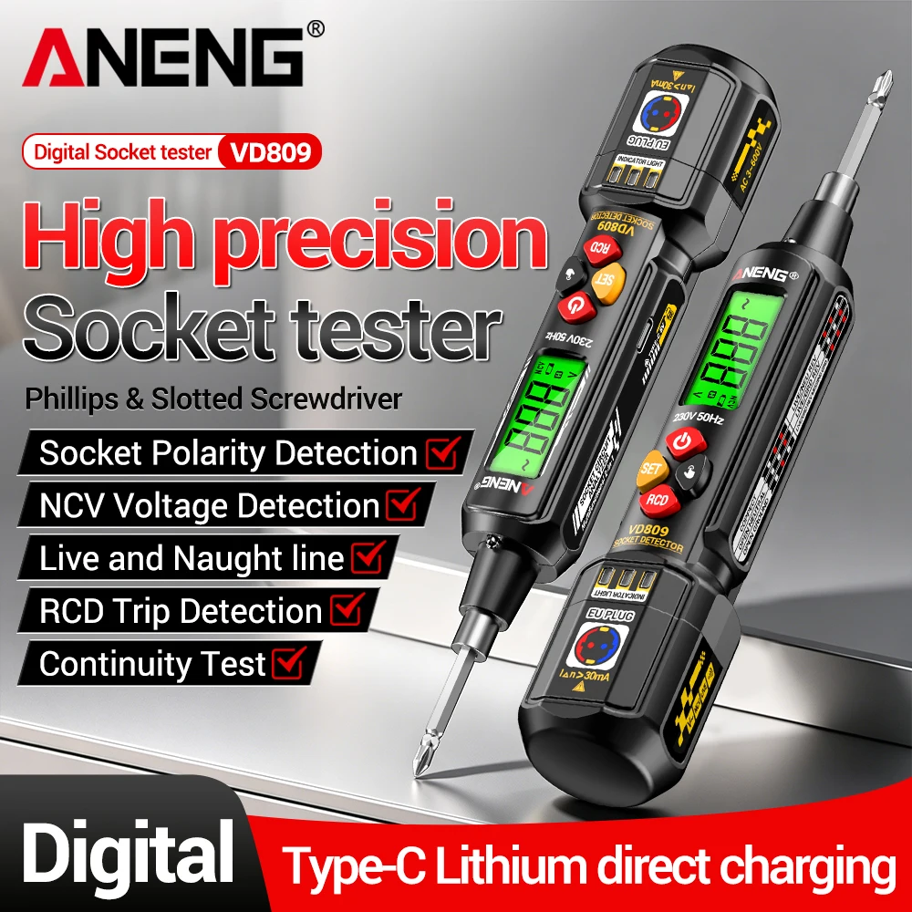 Digital Socket Analyzer Rechargeable 3~600V Voltage Detector ANENG VD809 Circuit Breaker Finder 2-in-1 Screwdriver Tester Tools