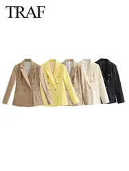 TRAF Women's Fashion Multicolor Long Sleeve Metal Double-Breasted Button Loose Blazer Slim Pocket Top Women's Office Blazer Y2K