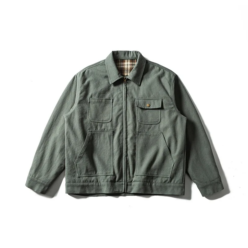 

Amekaji Ретро тяжелая парусиновая куртка Детройт с вельветовым воротником, короткая охотничья куртка на молнии с карманами, мужская осенняя верхняя одежда