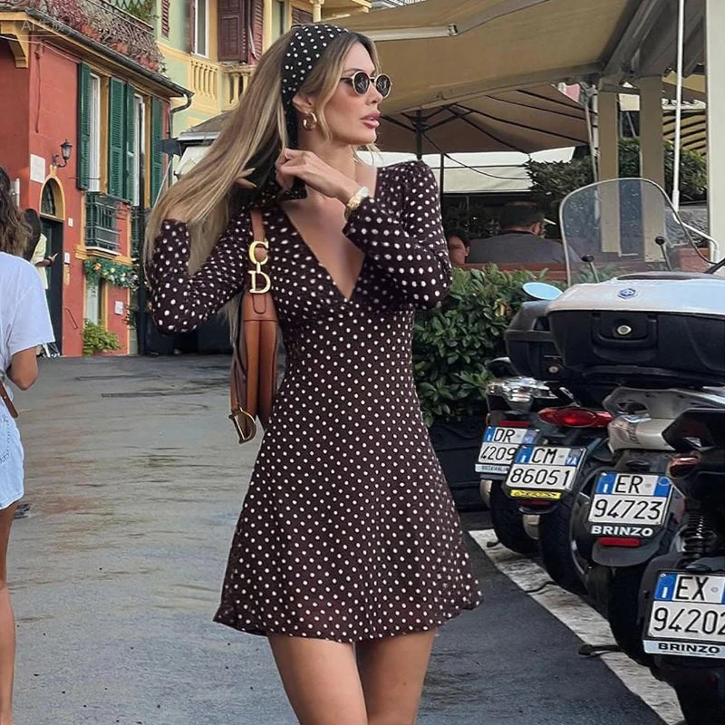 Street Style Slim Polka Dot V Neck Dress Women Casual Long Sleeve A Line Dresses Summer Sexy High Waist Mini Dress Female 2026