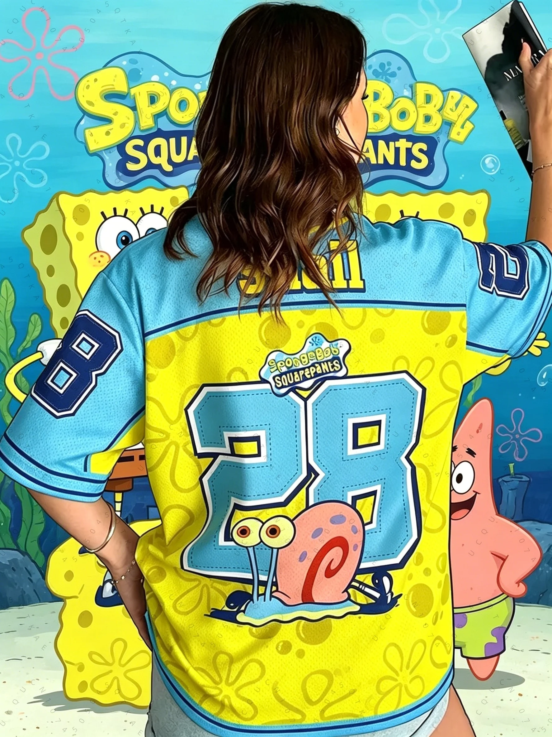 Spongebob Print Loose Oversized T-Shirts für Männer und Frauen, Sommer, V-Ausschnitt, Patchwork, kurzärmelig, Sport-Fußballtrikot, Y2k-Kinderoberteile – Detail 9