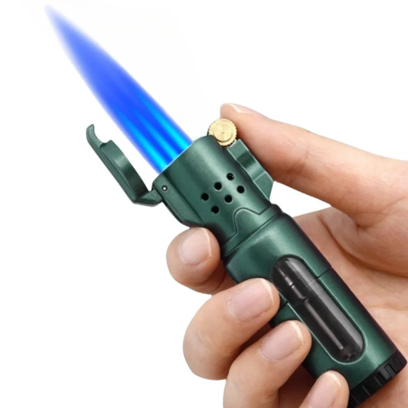 

3 Fire Jet Lighter Inflatable Windproof Wheel Lighter Metal Transparent Gas Chamber Cigar Gun Lighter Gifts For Men