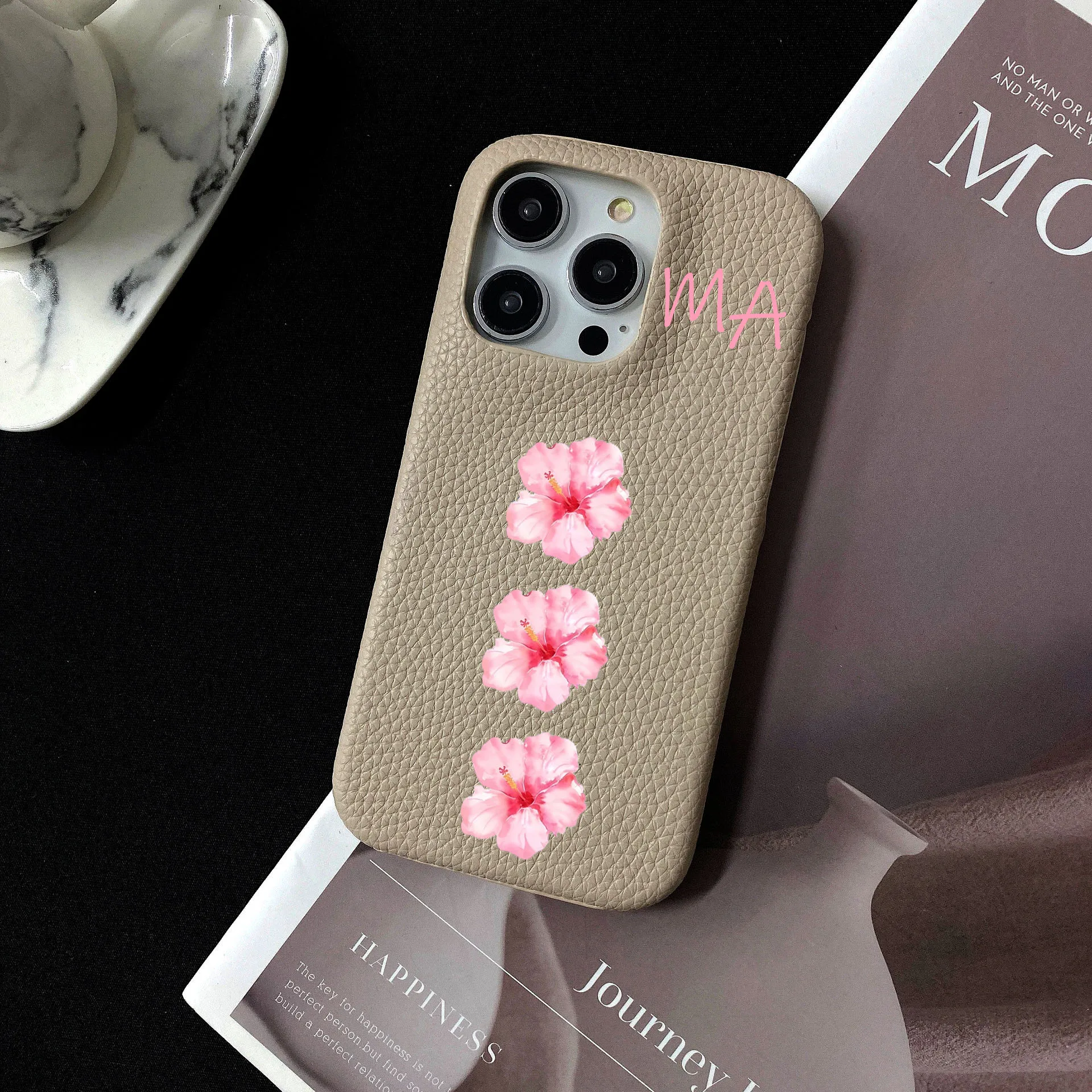 Personalised Customized kafr jawal by name Leather Case For iPhone 16 15 14 13 12 11 Pro Max Plus Initials Letters flower Cover