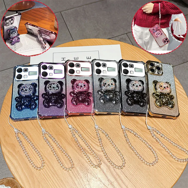 4 Corner Shockproof Phone Case with Cute 3D Bear Stand Crystal Chain Lanyard Glitter For Infinix Note 60 Note60 Pro Back Cover