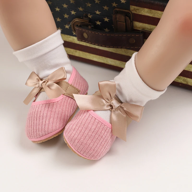 Pink Baby Casual Shoes Infant Toddler Bowknot Non-slip Rubber Soft-Sole Flat PU First Walker Newborn Bow Decor Mary Janes