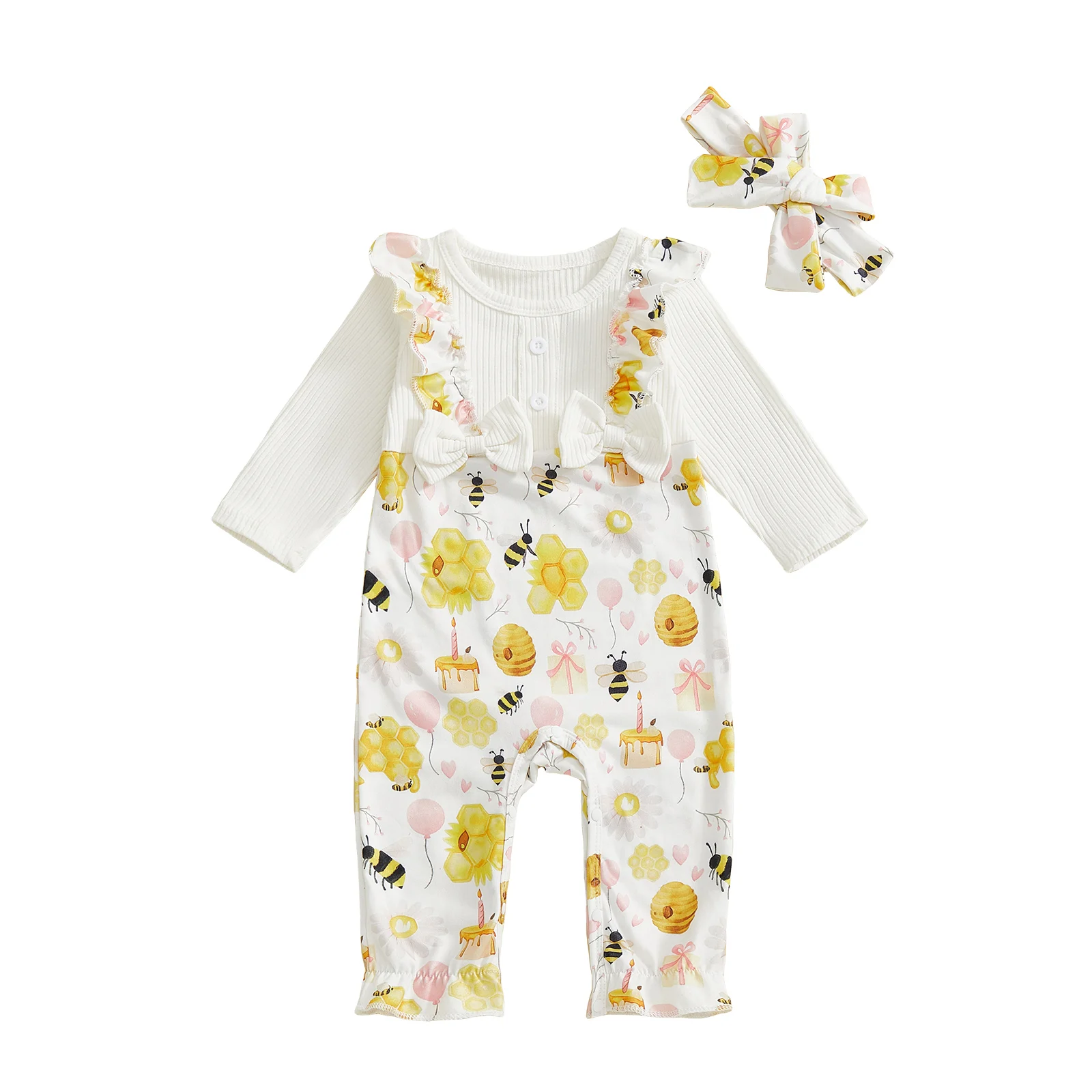 

Комплект из двух предметов для маленьких девочек, милый комбинезон полной длины с длинными рукавами и круглым вырезом с воздушным шаром и принтом пчелы и повязкой на голову с бантом
