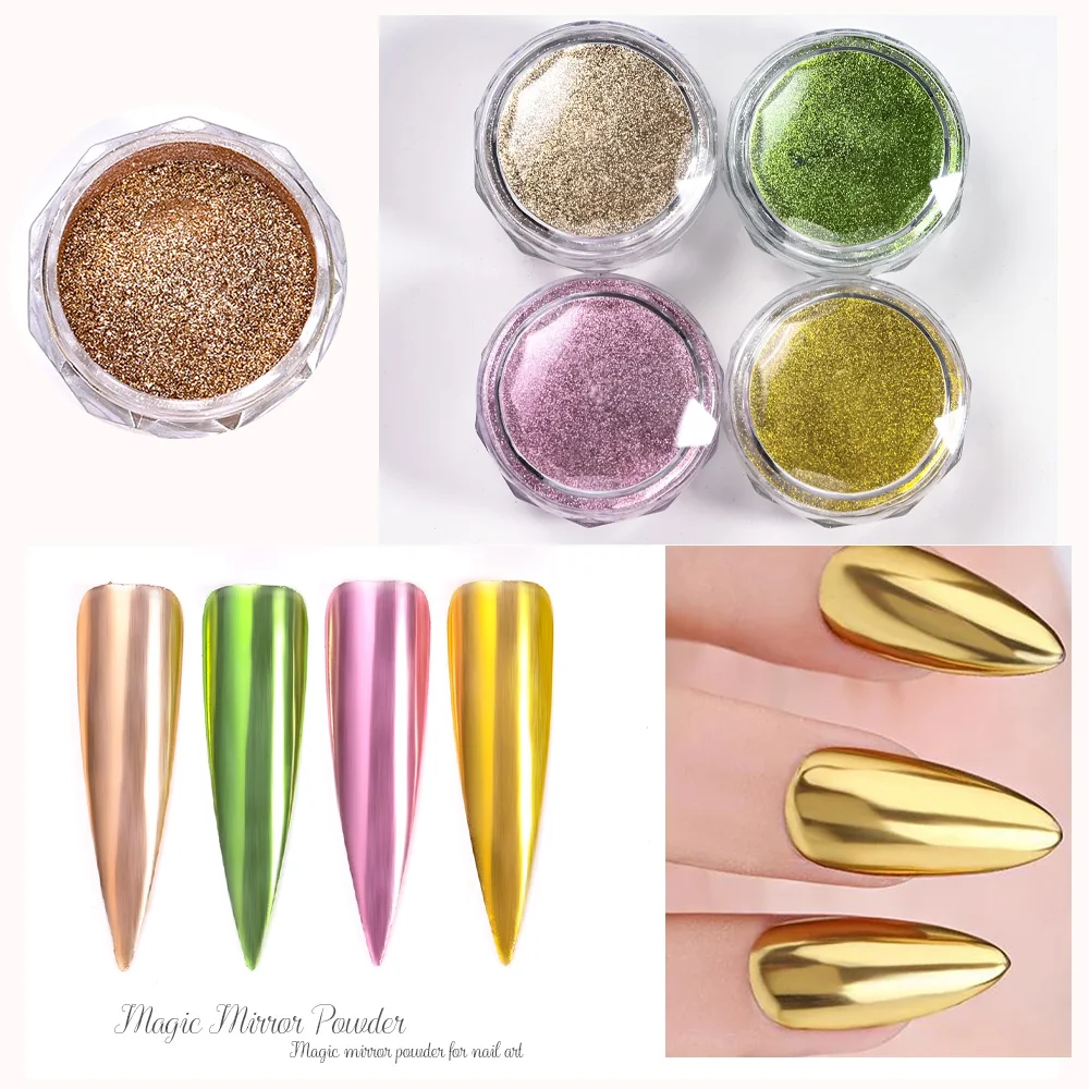 4 瓶ネオングリーン/レッドクロームパウダーネイルグリッターミラー効果メタリックグリッタークローム顔料パウダーネイルアートの装飾