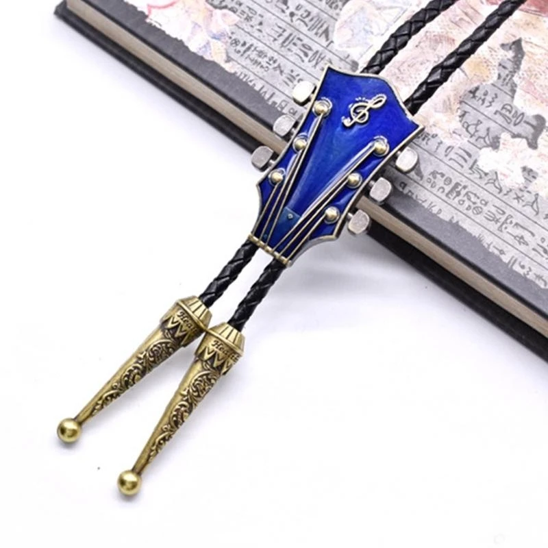 Винтажный галстук-боло ручной работы для женщин и мужчин, ковбойский кожаный галстук из веревки в стиле вестерн с эмалированной подвеской в виде гитары, ювелирное ожерелье