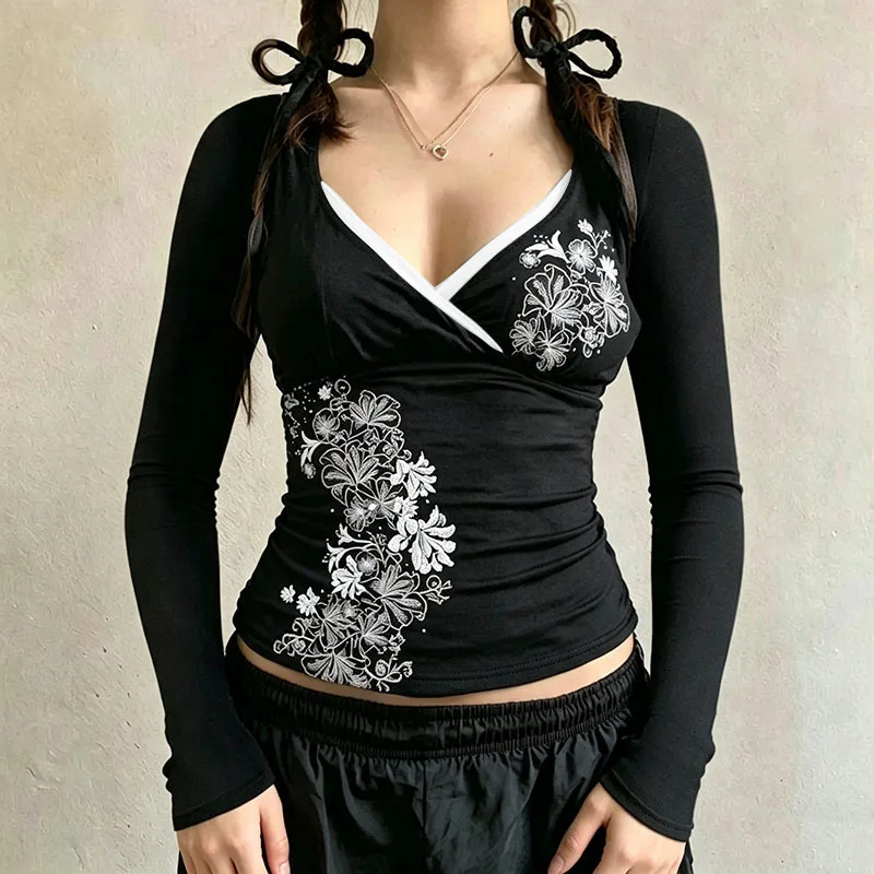 Europäisch-Amerikanisches Damen-Oberteil im Y2K-Vintage-Stil mit Grafikdruck, schmal geschnitten, elegant, modisch und lässig – Detail 3