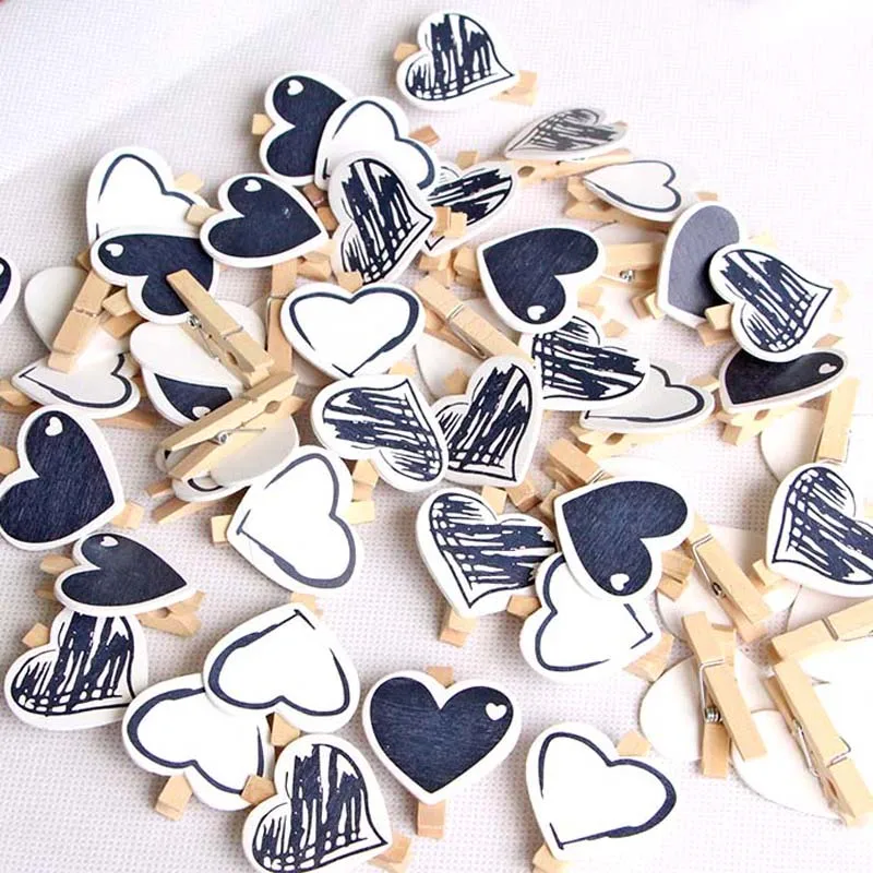 45x7mm/5pcs Wooden Black Love Heart Photo Clips Memo Label Paper Peg Clothespin Stationery Christmas Wedding Party Craft Decor