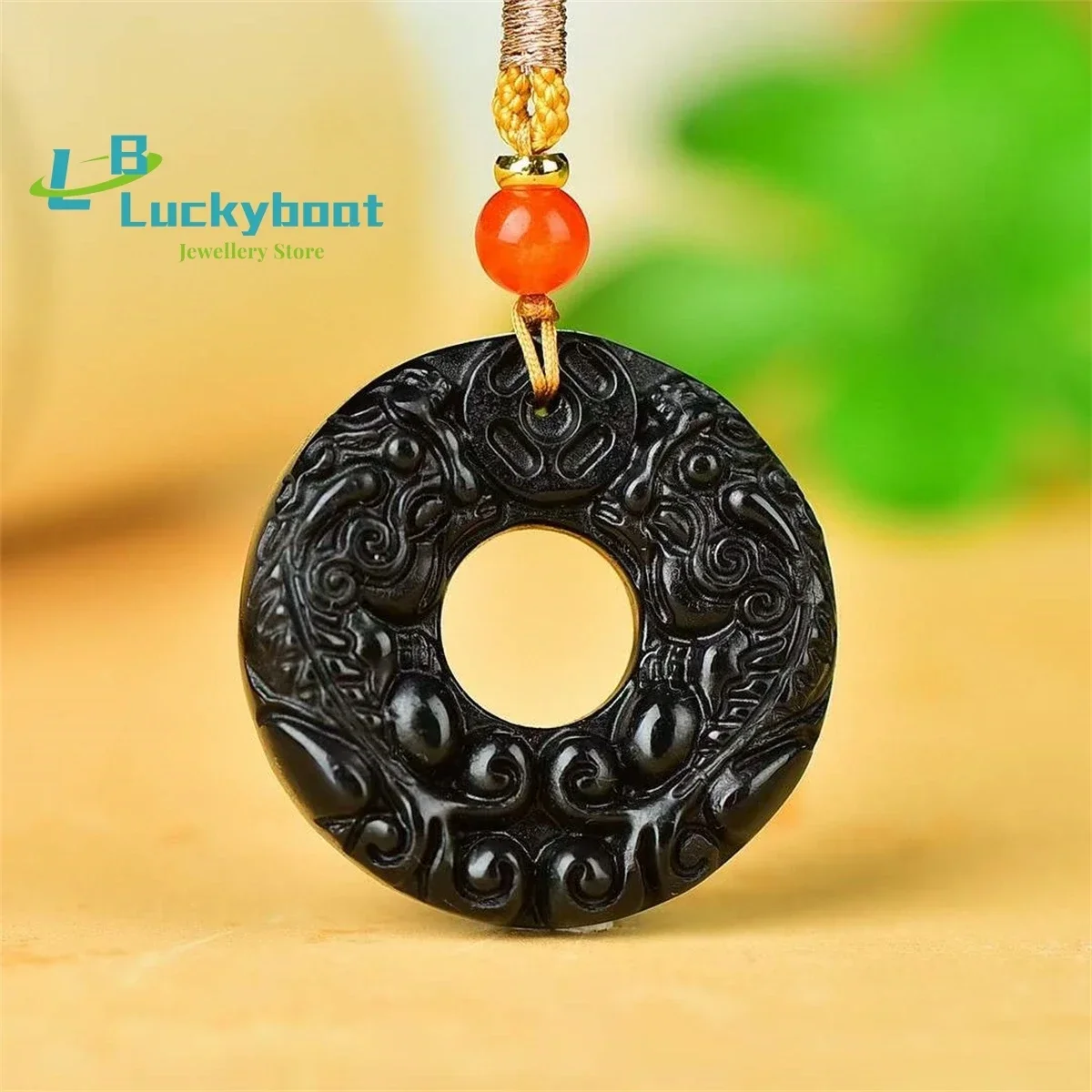 Natural Gold Silk Black Jade Beast Ring Double Sided Pendant Simple and Generous Personalized Versatile for Men and Women