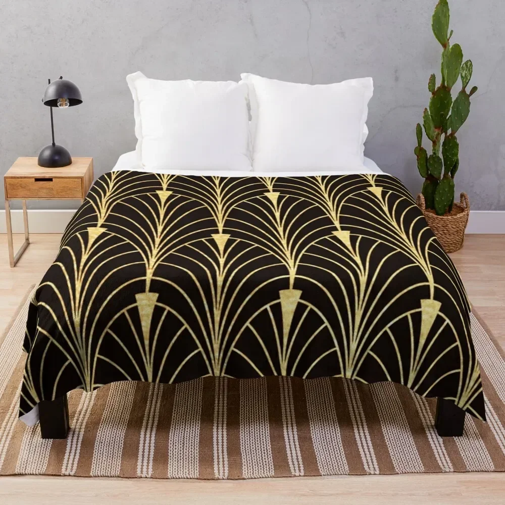 Sophisticated Glitzy (Faux) Gold Art Deco Pattern Throw Blanket Sofas Travel manga Multi-Purpose Blankets