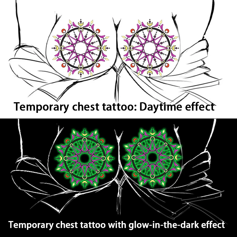 ملصقات وشم مؤقتة يمكن التخلص منها على تصميم الشمس والقمر والنجوم، تتوهج في الظلام، مقاومة للماء والعرق.