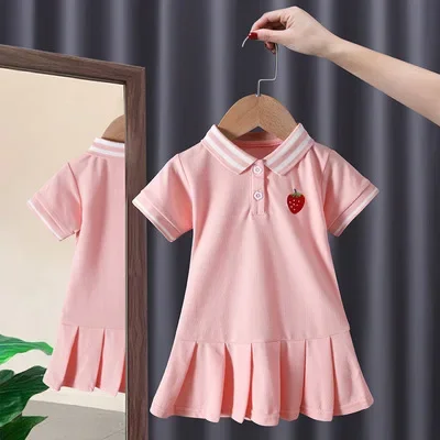 Summer Kids Clothes Baby Girls Dress Preppy Style Cartoon Bear Pleated Dress Toddler Cute Strawberry Polo Dress Princess Dresses