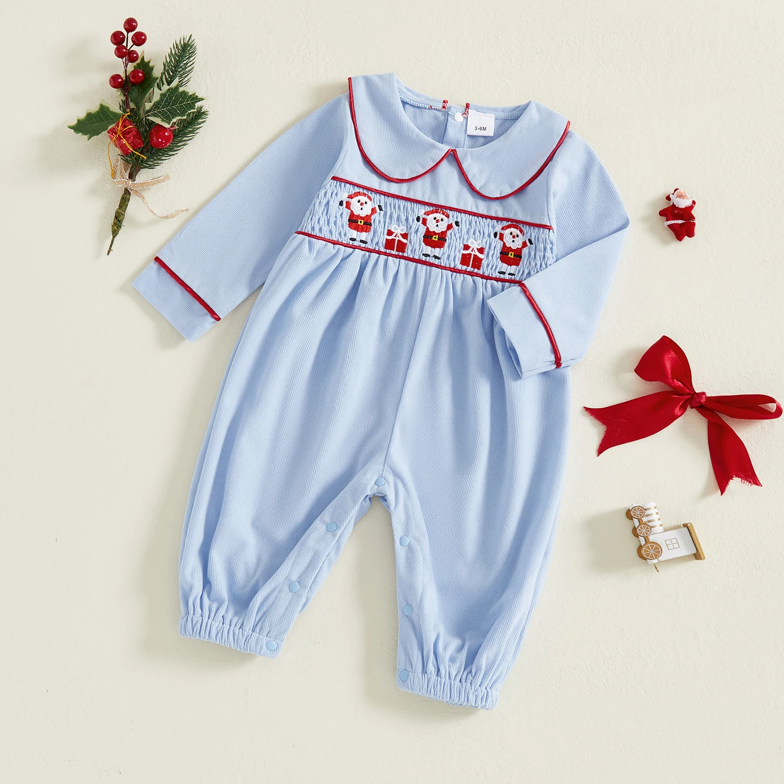 

Baby Boy Girl Christmas Outfit Tree/Santa Claus Embroidery Peter Pan Collar Smocked Jumpsuit Winter Clothes