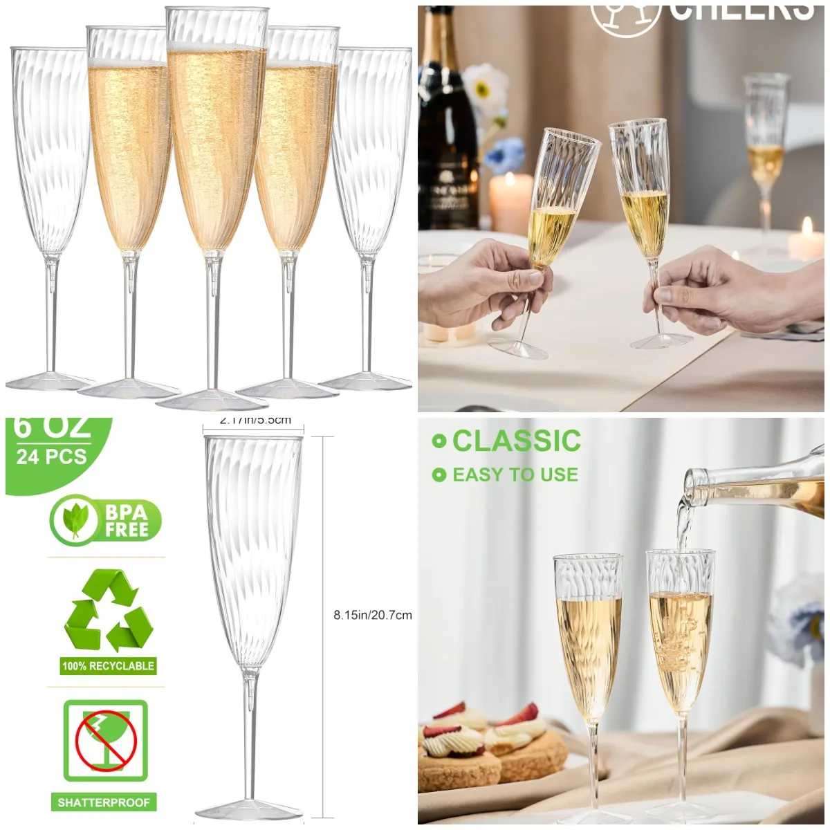 

24Pcs Clear Plastic Champagne Flutes, 6 Oz Disposable Wine Glasses for Party, Wedding, Holiday, Picnic, Toasting
