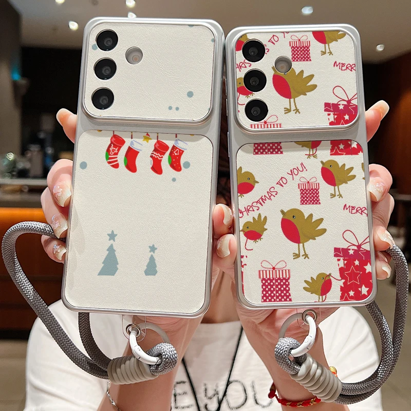 Red Stocking Pattern Lanyard Phone Case For Samsung S26 S25 Ultra S24 S23 FE A57 A17 A16 A26 A36 A37 A56 5G Leather TPU Cover