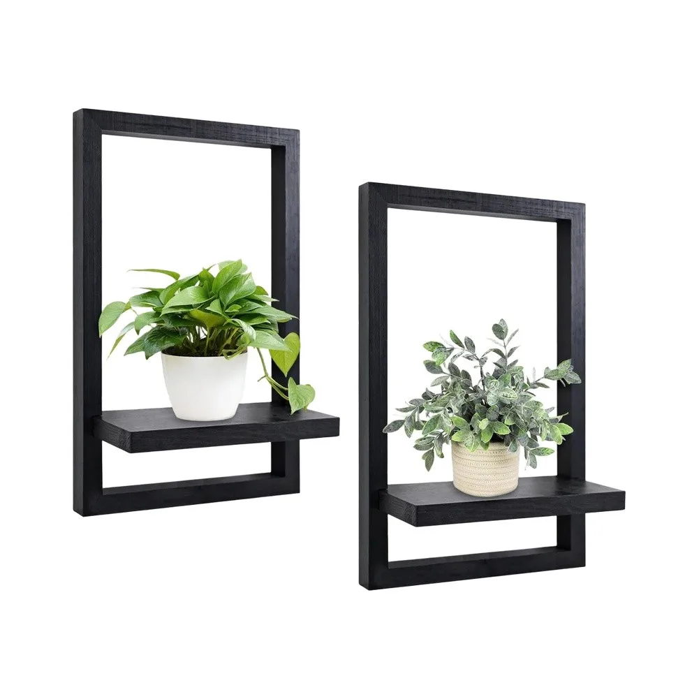 2 Solid Pine Frame Floating Shelves 19.5x30cm Wall Decor Shelf for Indoor Plants Modern Minimalist Space Saving Design
