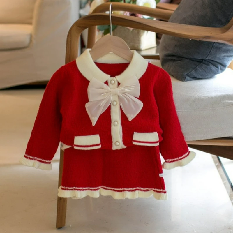 

2026 Autumn Spring Girls Clothing Sets Korean Version Girls' Bow Tie Cardigan and Short Skirt Two-piece Kids Sets